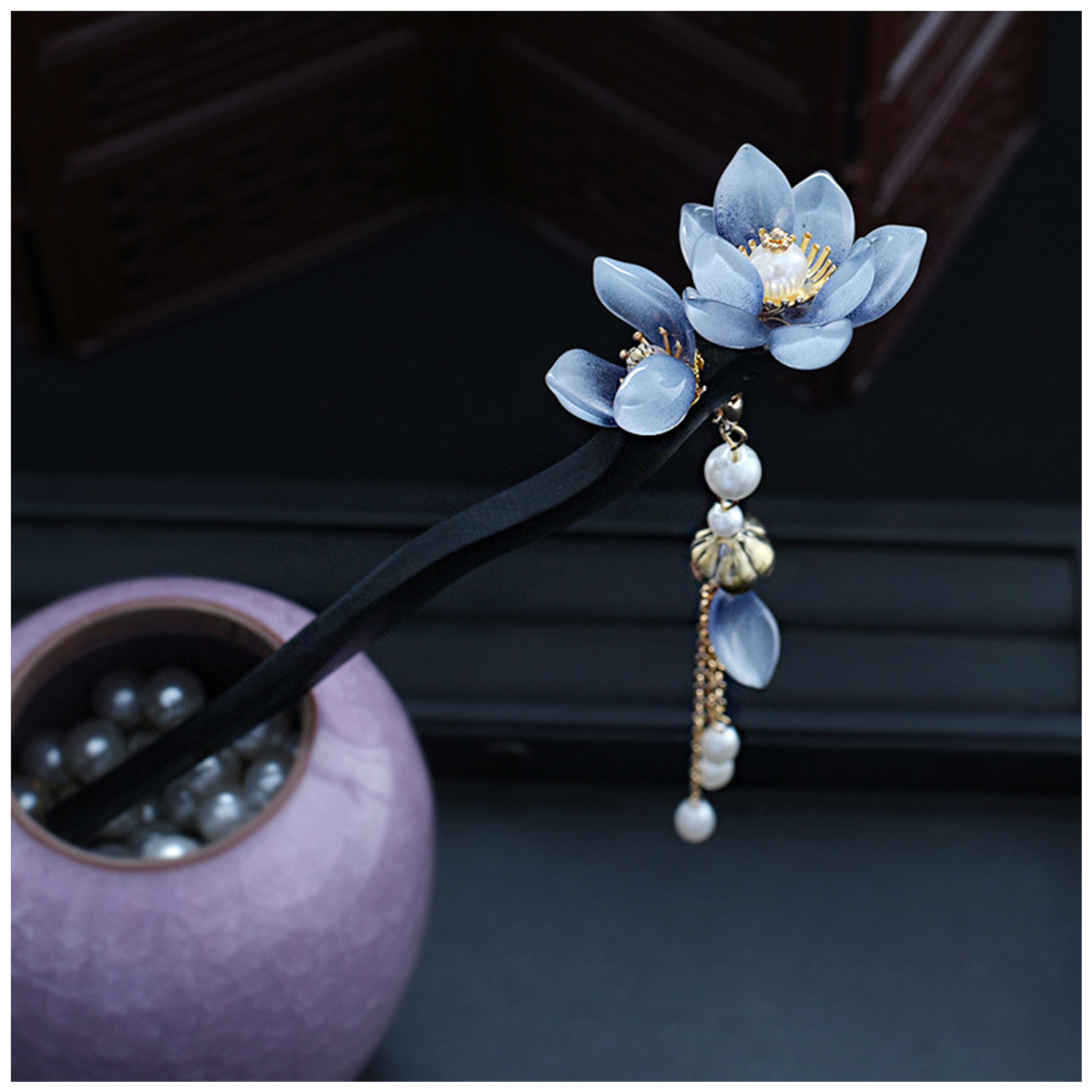Women'S Vintage Accessories - Blue Flower Hair Stick Vintage Pearl